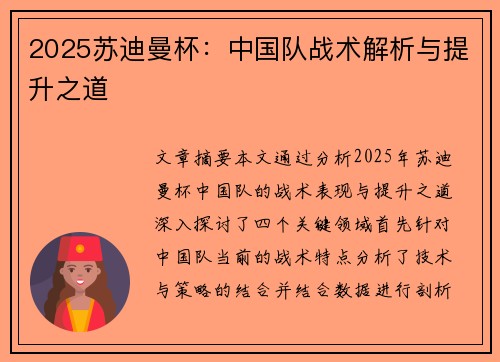 2025苏迪曼杯:中国队战术解析与提升之道