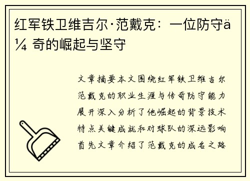 红军铁卫维吉尔·范戴克:一位防守传奇的崛起与坚守