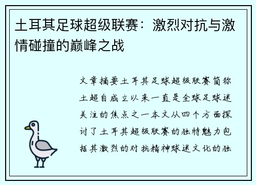 土耳其足球超级联赛:激烈对抗与激情碰撞的巅峰之战