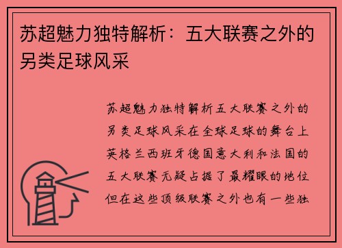 苏超魅力独特解析:五大联赛之外的另类足球风采