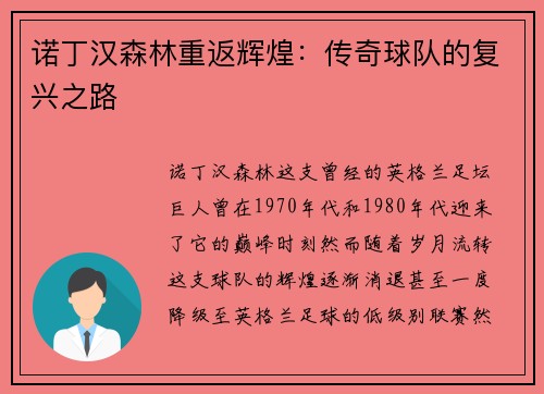 诺丁汉森林重返辉煌:传奇球队的复兴之路